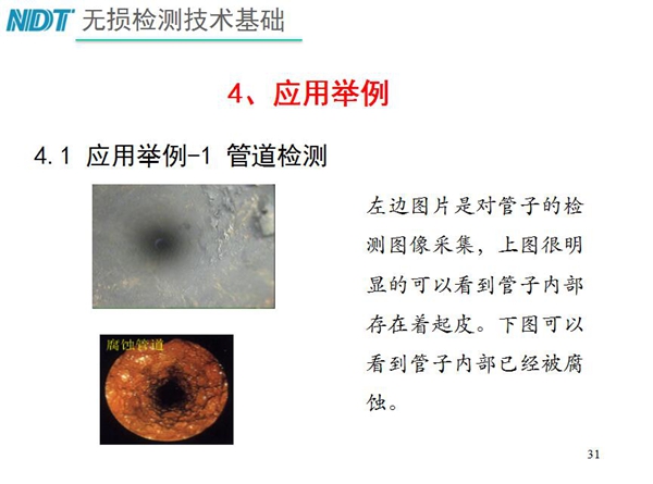 應用舉例一1 管道檢測，從兩張檢測對比圖片可以明顯看到管子  內(nèi)部存在著起皮，另一張可以看以管子內(nèi)部己經(jīng)被腐蝕