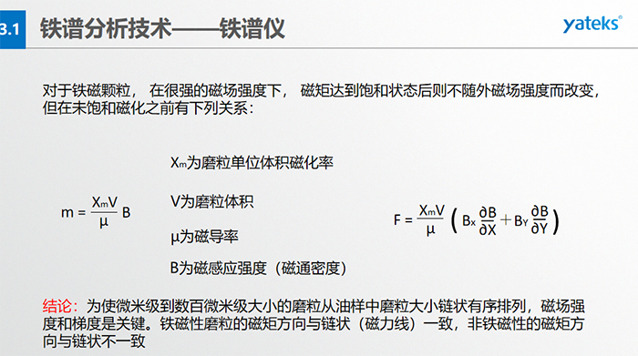 鐵譜儀中顆粒的沉積過(guò)程：含有磨粒的油樣流經(jīng)磁場(chǎng)時(shí)，磨粒受到重力、 液體浮力、 磁場(chǎng)力和顆粒 下落過(guò)程中所受油液粘滯阻力的聯(lián)合作用。  重力和浮力的合力同磁場(chǎng)力相比是很小的，可以忽略不計(jì)，在磨粒的沉積過(guò)程中，磁場(chǎng)力和粘滯阻力起著決定性的作用。